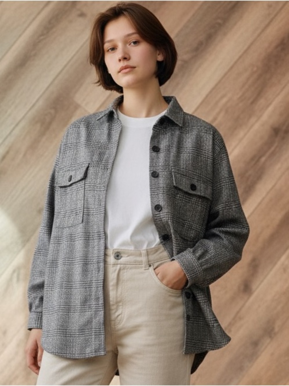 Max Studio Gray Glen Plaid Button-Front Shirt Jacket